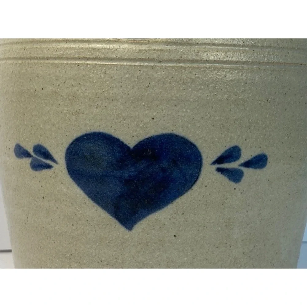 Pinewood Valley Stoneware Crock Blue Heart Salt Glaze Pottery Utensil Jar